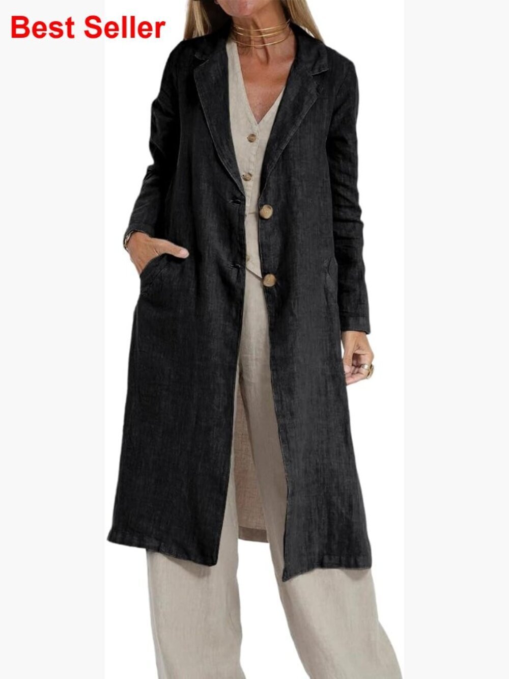 Long Linen Blazer Trench Coat Lightweight Casual Business